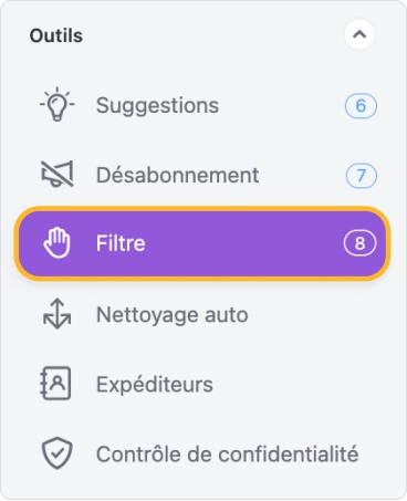 Cliquez sur le bouton pour ouvrir la page du Filtre