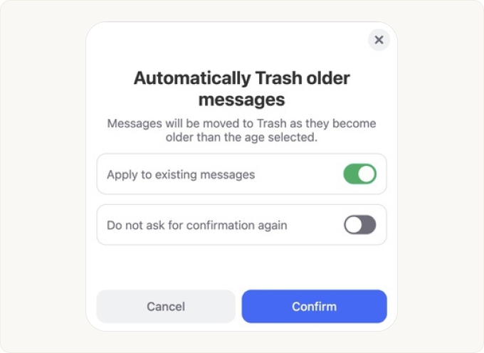 The Automatically Trash older messages confirmation dialog