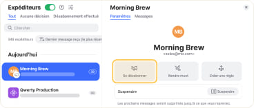 Le bouton Se désabonner apparaît également dans le volet d'aperçu
