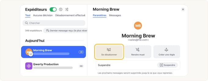 Le bouton Se désabonner apparaît également dans le volet d'aperçu