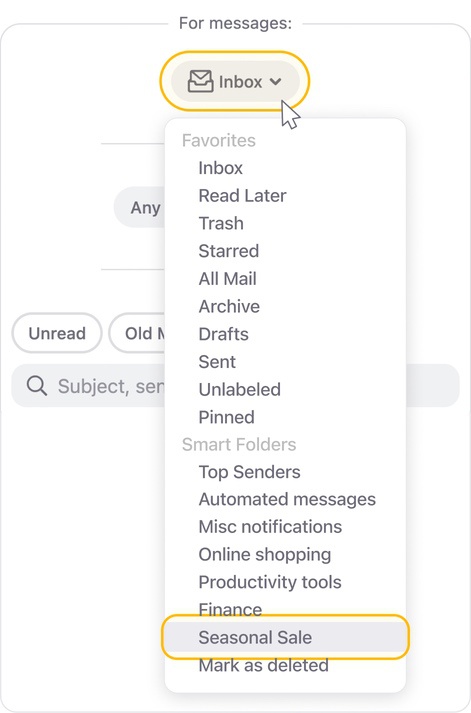 Click the Inbox folder and select the Seasonal Sales Smart Folder