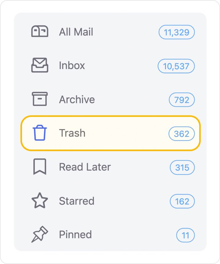 mailbird trash icon next to each message