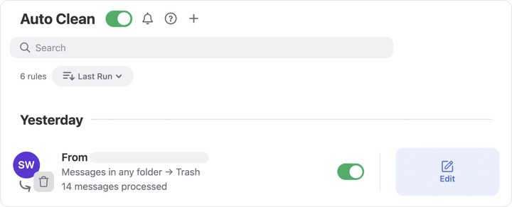 A list of all Auto Clean rules in your account appears