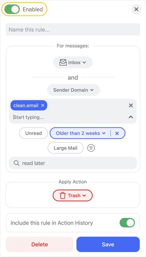 The rule criteria dialog appears