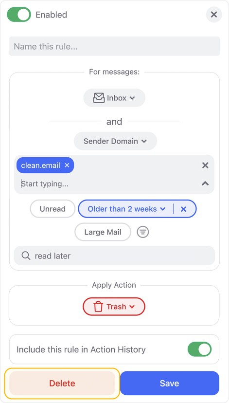 Click Delete at the bottom of the rule’s settings dialog