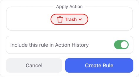 The rule actions include in the notifications when the toggle is enabled