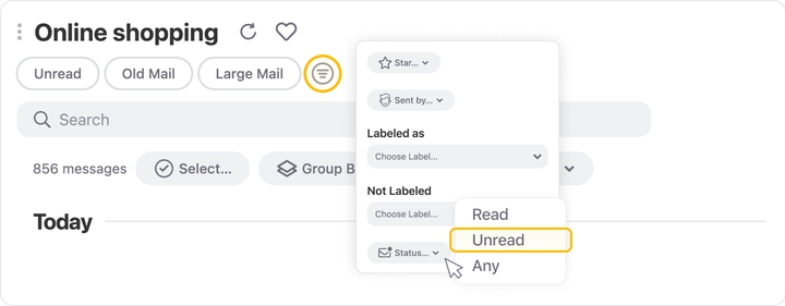 Use filters for a more specific view, such as unread emails from one sender