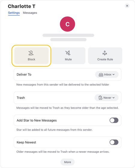 Open Sender Settings and choose Block or Mute to manage future emails from the sender