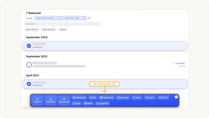 Select groups and apply actions to all messages at once