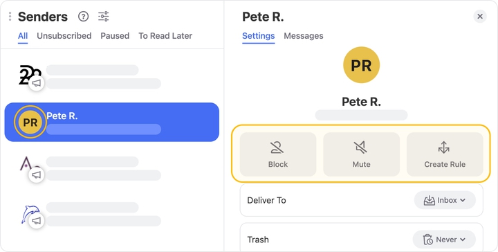 Senders feature lists every sender by volume so you can bulk-clean your heaviest ones and adjust settings for each of them