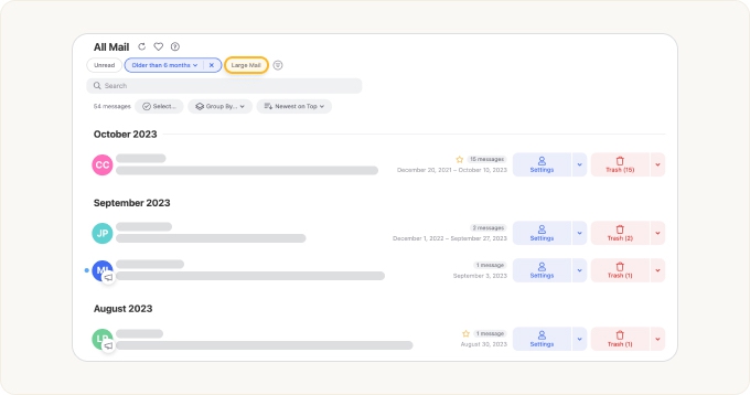 Use the Large Mail filter to sort emails by size