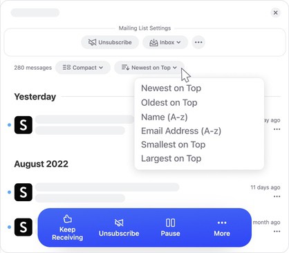 Sort email groups by A–Z, message count, or total size