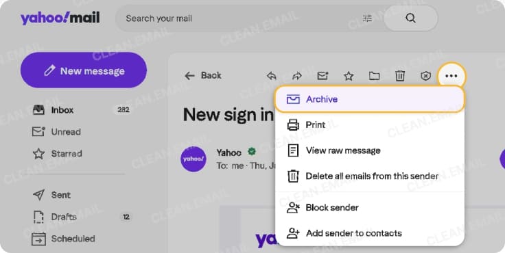Archiving an open email in Yahoo Mail