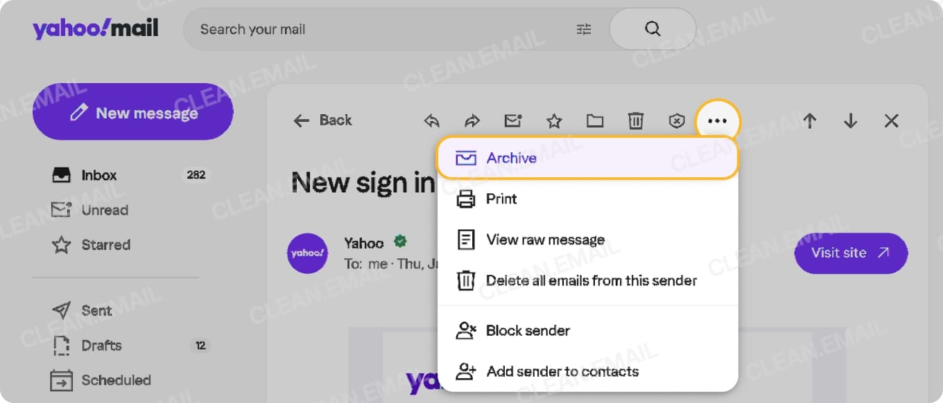 Archiving an open email in Yahoo Mail