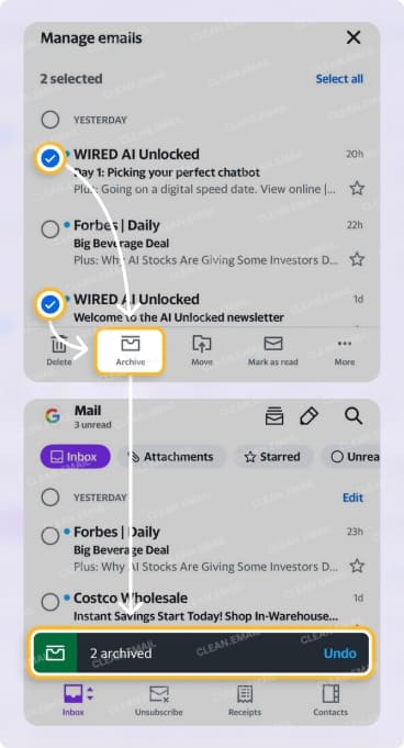 Yahoo Mail mobile app inbox with multiple emails selected, bottom menu showing Archive tapped, and “X archived” notification with Undo displayed