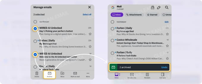 Yahoo Mail mobile app inbox with multiple emails selected, bottom menu showing Archive tapped, and “X archived” notification with Undo displayed
