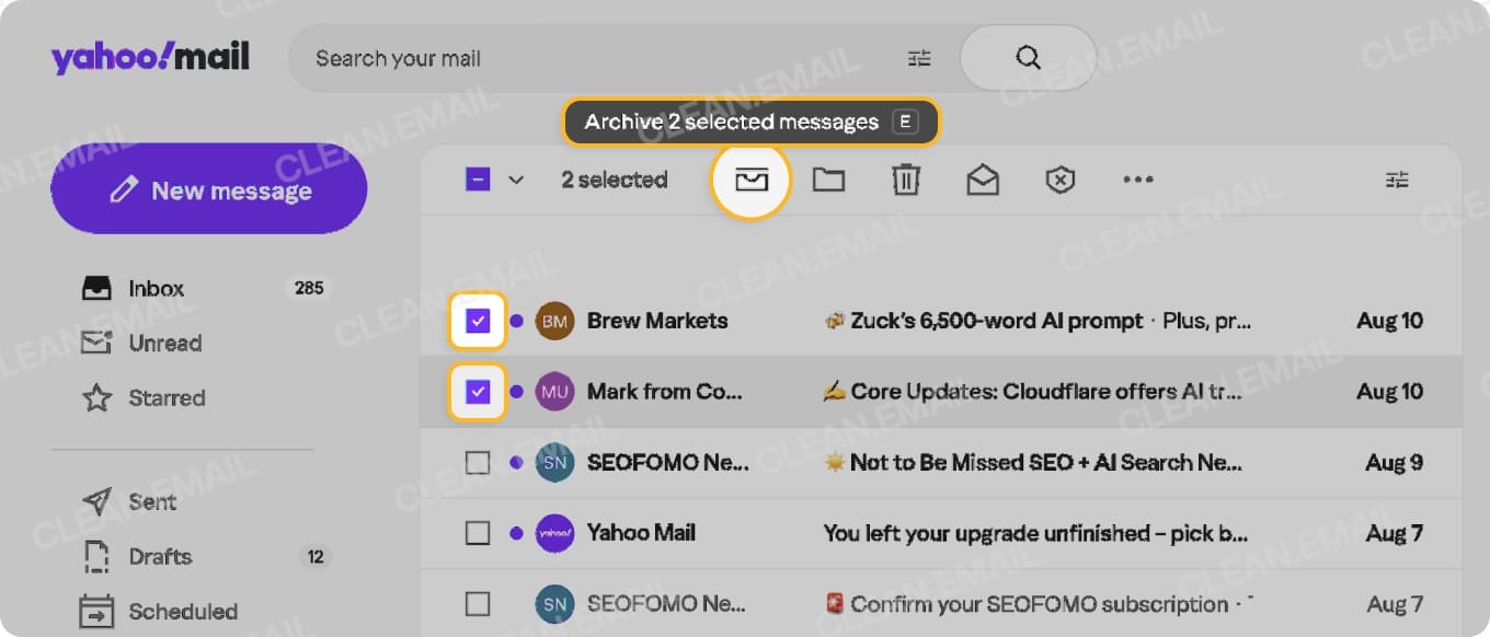 Yahoo Mail desktop Archive option for Inbox emails