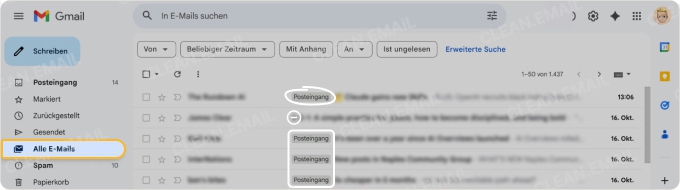 Archivierte E-Mails über „Alle E-Mails“ finden