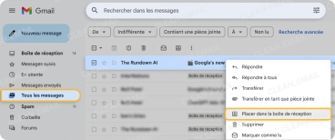 Sélectionnez Déplacer vers la boîte de réception dans les options du menu