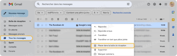 Sélectionnez Déplacer vers la boîte de réception dans les options du menu