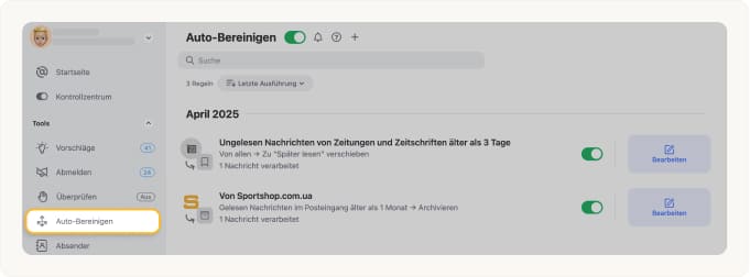 Volle Kontrolle über alle von Auto-Bereinigen ausgeführten Aktionen