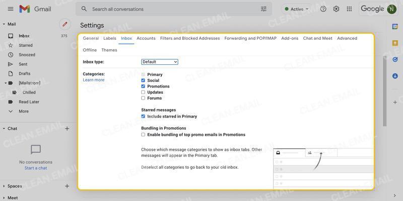 Gmail category tabs: Primary, Promotions, Social, Updates, and Forums