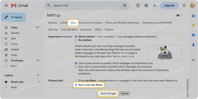 Adjust Gmail settings to prevent filters from being overridden