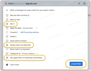 Select Also apply filter to matching conversations to apply the filter to existing emails