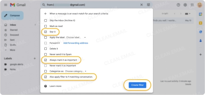 Select Also apply filter to matching conversations to apply the filter to existing emails