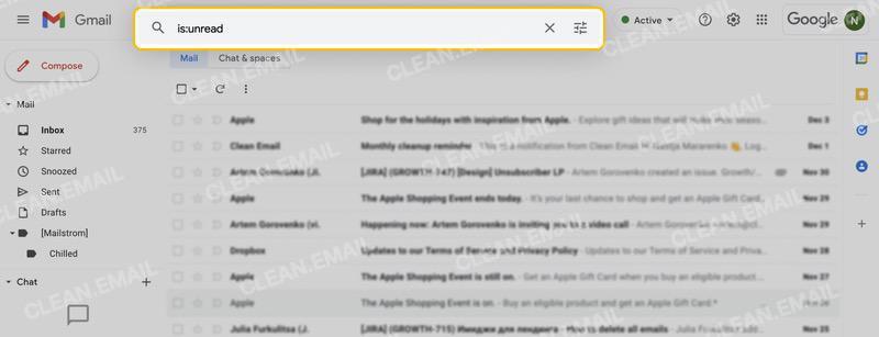Use a search operator to find all unread emails
