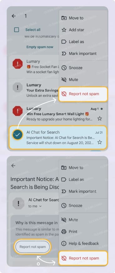 How to mark emails as Not Spam on mobile