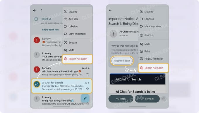 How to mark emails as Not Spam on mobile