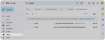 The email is moved from the Inbox to the Spam folder