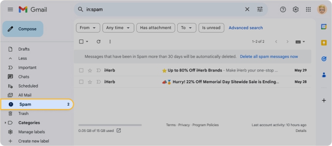The email is moved from the Inbox to the Spam folder