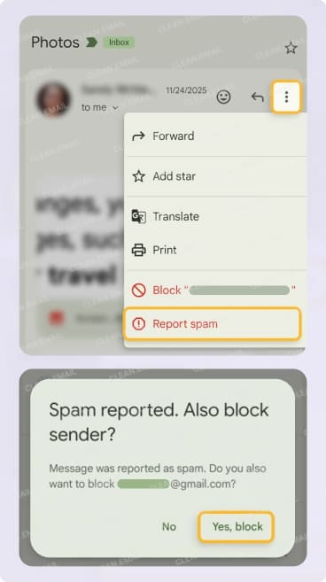 Mark an individual email as spam on Android
