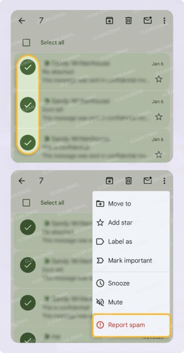 Mark multiple emails as spam on Android
