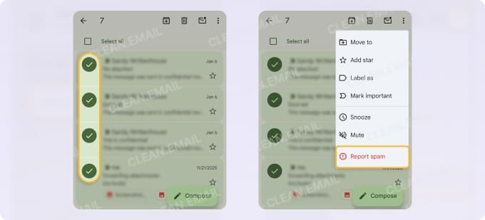 Mark multiple emails as spam on Android