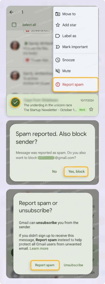 Mark an email as spam without opening it