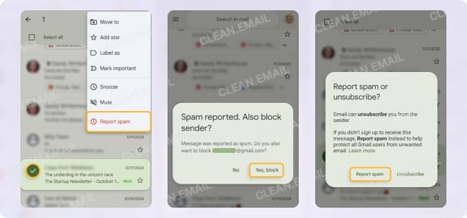 Mark an email as spam without opening it