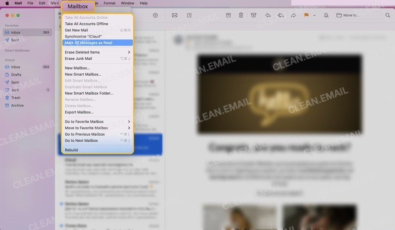 Choose a mailbox, then select Mailbox → Mark All Messages as Read