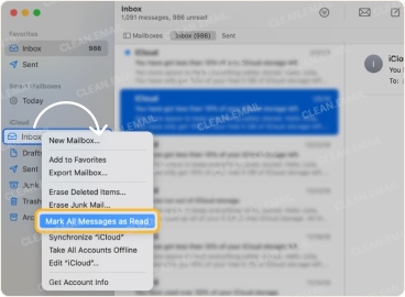 Right-click a mailbox and choose Mark All Messages as Read