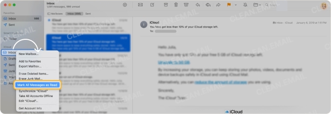 Right-click a mailbox and choose Mark All Messages as Read