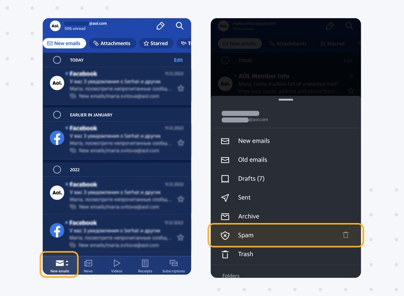 Tap the New emails icon and choose the Spam folder