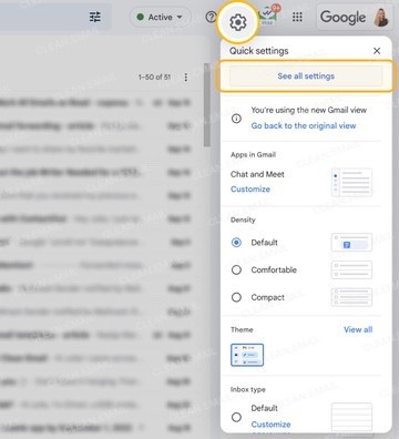 Gmail interface showing Quick settings panel with the gear icon and 'See all settings' button highlighted to access email filter options