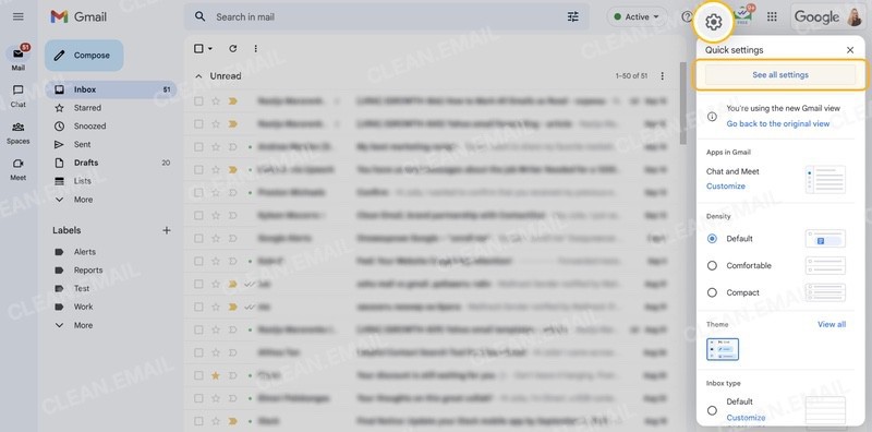 Gmail interface showing Quick settings panel with the gear icon and 'See all settings' button highlighted to access email filter options