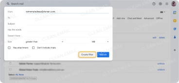 Gmail filter creation form with fields for sender, subject, keywords, and size, highlighting the 'Create filter' button to continue setting up automatic deletion