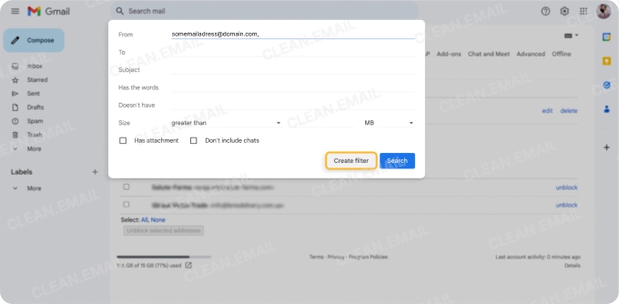 Gmail filter creation form with fields for sender, subject, keywords, and size, highlighting the 'Create filter' button to continue setting up automatic deletion