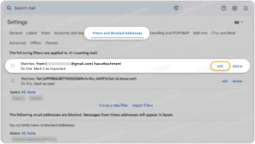 Gmail Filters and Blocked Addresses tab showing a saved email filter with options to edit or delete it