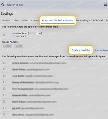 Gmail settings page with 'Filters and Blocked Addresses' tab open and the 'Create a new filter' link highlighted to set up automatic email deletion rules