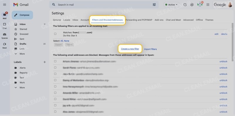 Gmail settings page with 'Filters and Blocked Addresses' tab open and the 'Create a new filter' link highlighted to set up automatic email deletion rules